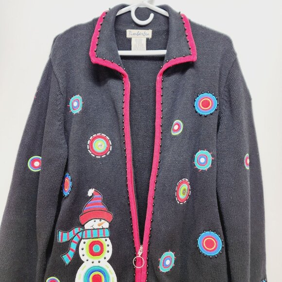 Timberlea Christmas Snowman Cardigan XL Black Sweater Ramie Colorful Embroidery - Picture 7 of 12
